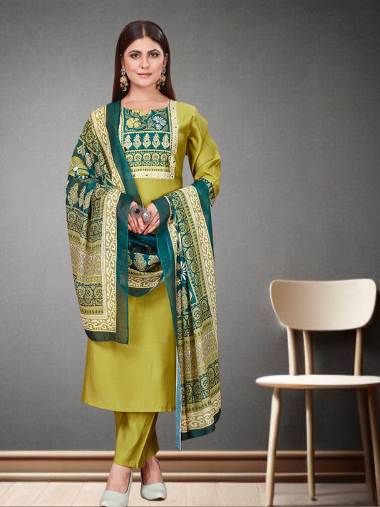 Ajrakh Yoke Lemon Yellow Modal Viscose Kurta Pant & Dupatta Set