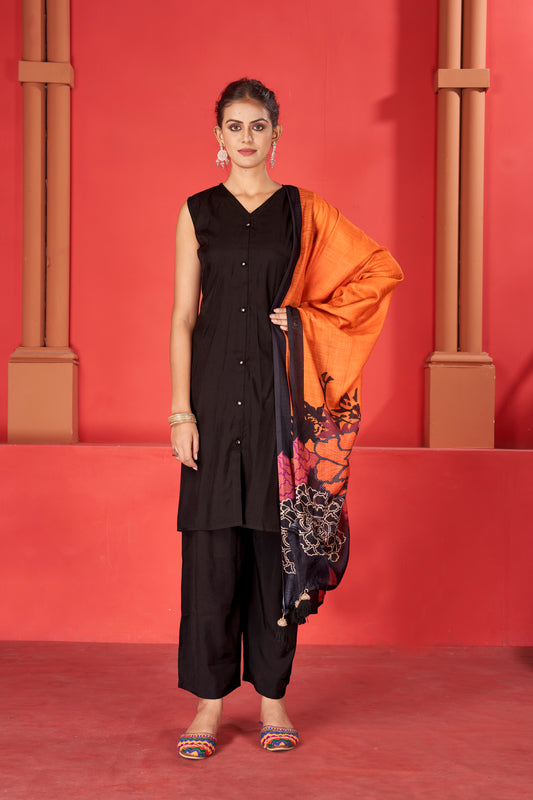 Black Viscose V neck Kurta Plazzo & Designer Dupatta