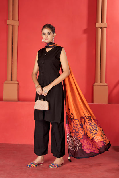 Black Viscose V neck Kurta Plazzo & Designer Dupatta