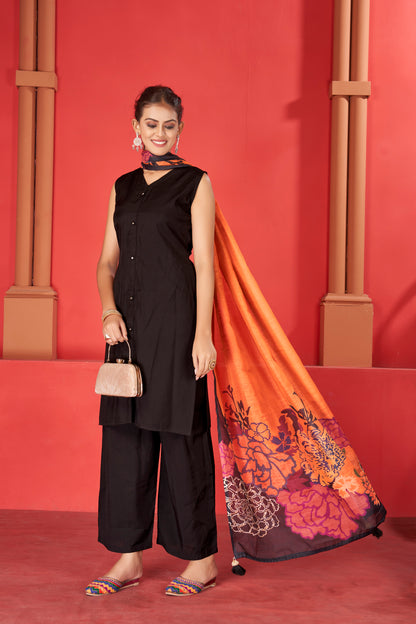 Black Viscose V neck Kurta Plazzo & Designer Dupatta