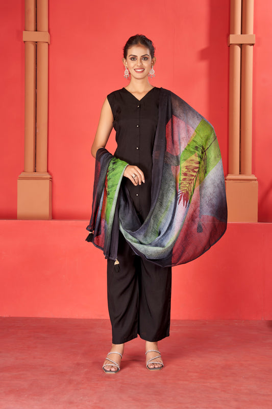 Black Viscose V neck Kurta Plazzo & Designer Dupatta