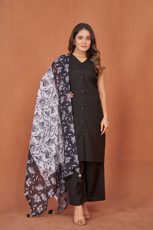 Black Viscose V neck Kurta Plazzo & Designer Dupatta