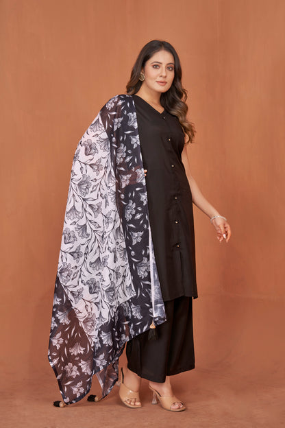 Black Viscose V neck Kurta Plazzo & Designer Dupatta