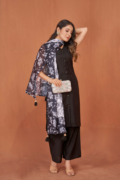 Black Viscose V neck Kurta Plazzo & Designer Dupatta