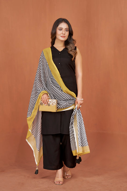 Black Viscose V neck Kurta Plazzo & Designer Dupatta
