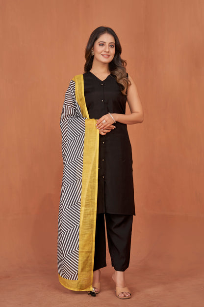 Black Viscose V neck Kurta Plazzo & Designer Dupatta