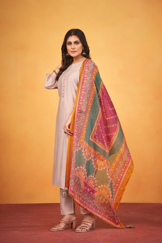 Art Silk Beige Kurta with Trousers & Digitally Printed Linen Dupatta