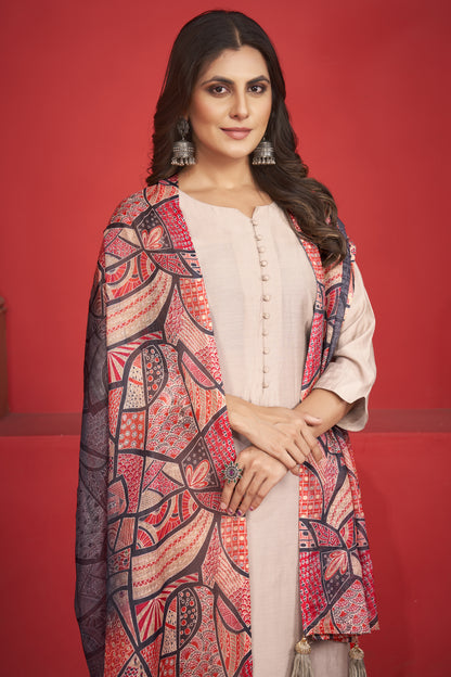 Art Silk Beige Kurta with Trousers & Digitally Printed Linen Dupatta