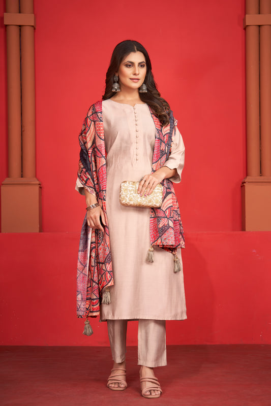 Art Silk Beige Kurta with Trousers & Digitally Printed Linen Dupatta
