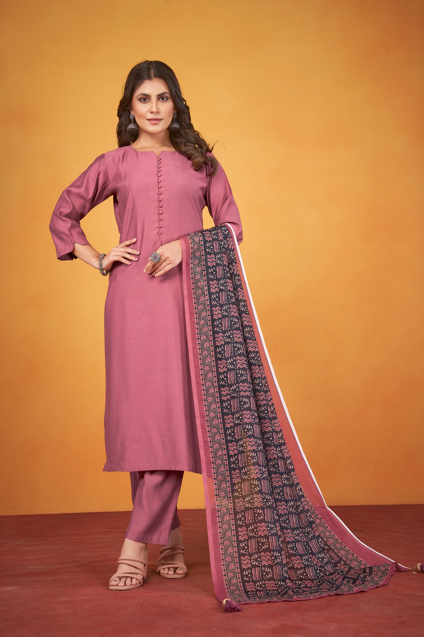 Art Silk Move Kurta with Trousers & Digitally Printed Linen Dupatta
