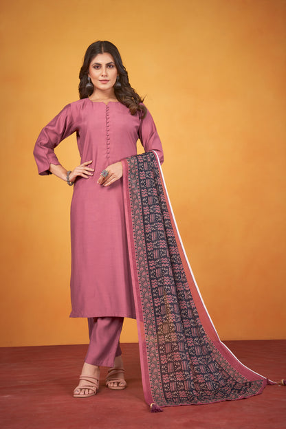 Art Silk Move Kurta with Trousers & Digitally Printed Linen Dupatta