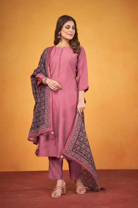 Art Silk Move Kurta with Trousers & Digitally Printed Linen Dupatta