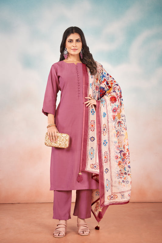 Art Silk Move Kurta with Trousers & Digitally Printed Linen Dupatta