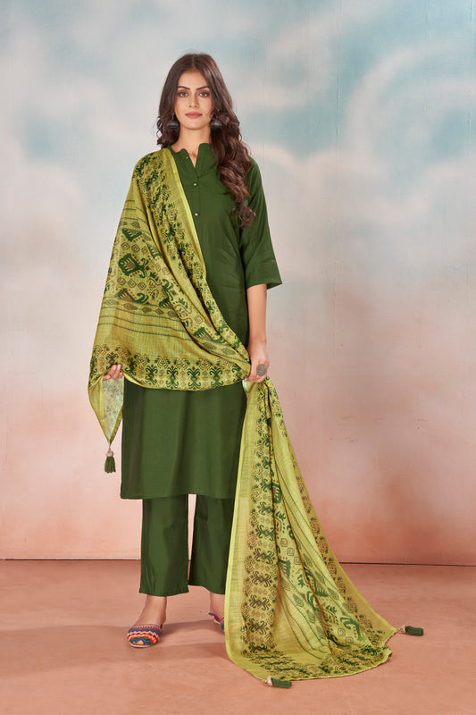 Mandarin Collar Art Silk Straight Kurta with Trousers & Digitally Printed Dupatta