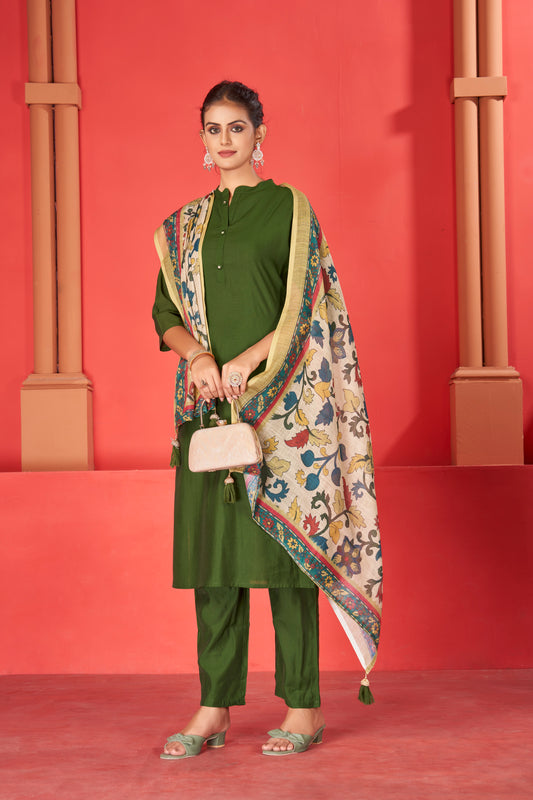 Mandarin Collar Art Silk Straight Kurta with Trousers & Digitally Printed Dupatta