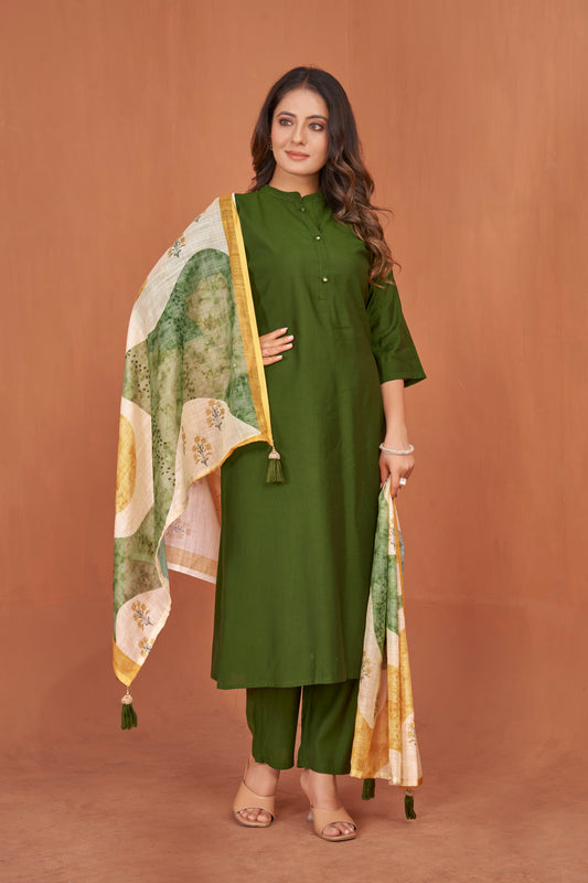 Mandarin Collar Art Silk Straight Kurta with Trousers & Digitally Printed Dupatta