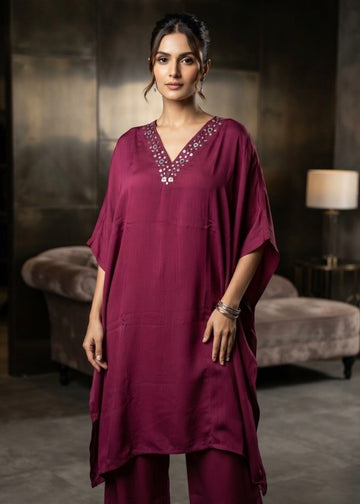 SATINY WINE KAFTAN SET WITH MIRROR