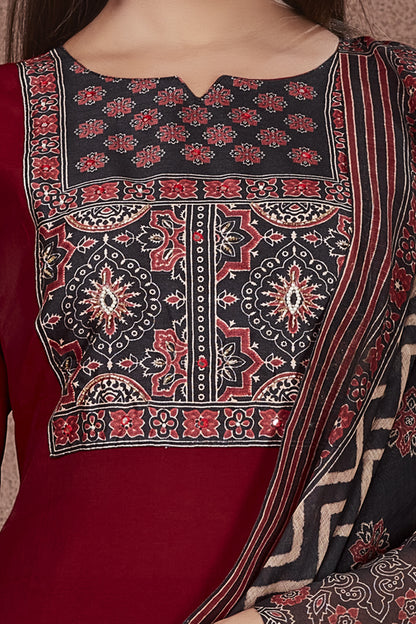 Ajrakh Yoke Cherry Red Modal Viscose Kurta Pant & Dupatta Set
