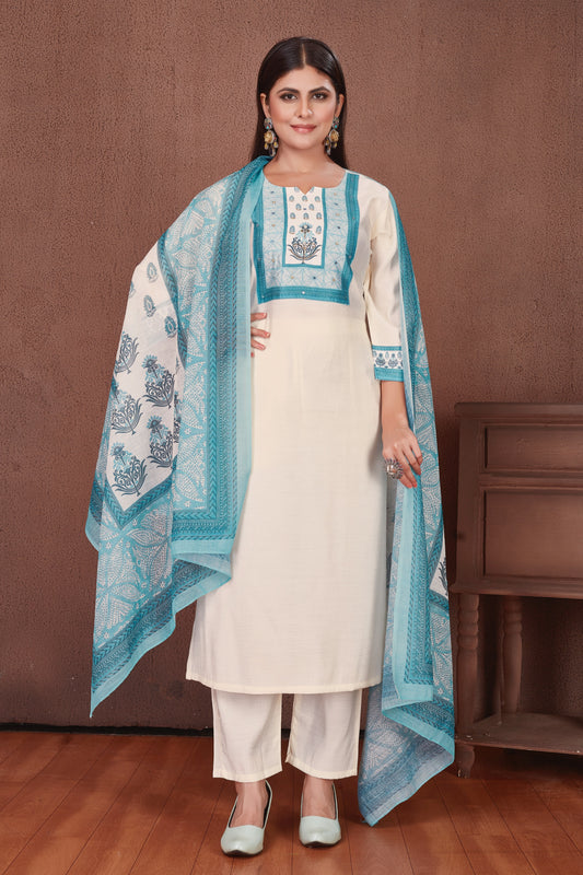 Ajrakh Yoke off white Modal Viscose Kurta Pant & Dupatta Set