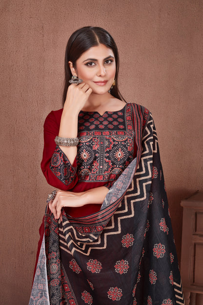 Ajrakh Yoke Cherry Red Modal Viscose Kurta Pant & Dupatta Set