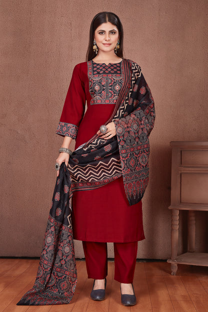 Ajrakh Yoke Cherry Red Modal Viscose Kurta Pant & Dupatta Set