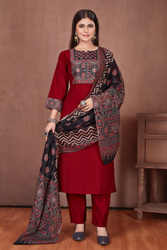 Ajrakh Yoke Cherry Red Modal Viscose Kurta Pant & Dupatta Set