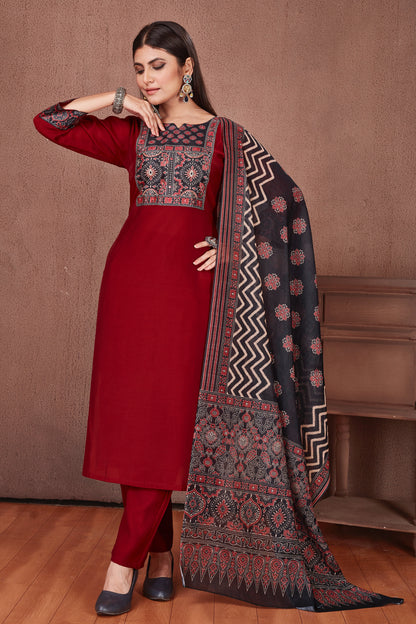 Ajrakh Yoke Cherry Red Modal Viscose Kurta Pant & Dupatta Set