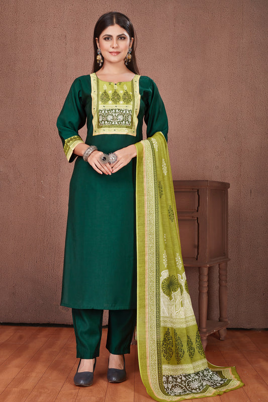 Ajrakh Yoke Green Modal Viscose Kurta Pant & Dupatta Set