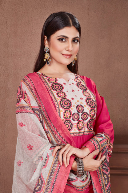 Ajrakh Yoke fusia pink Modal Viscose Kurta Pant & Dupatta Set