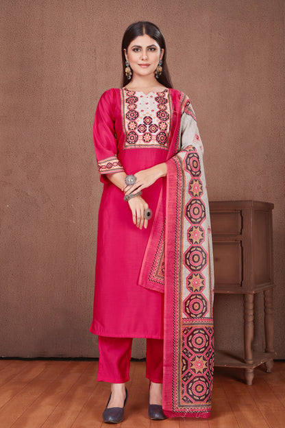 Ajrakh Yoke fusia pink Modal Viscose Kurta Pant & Dupatta Set