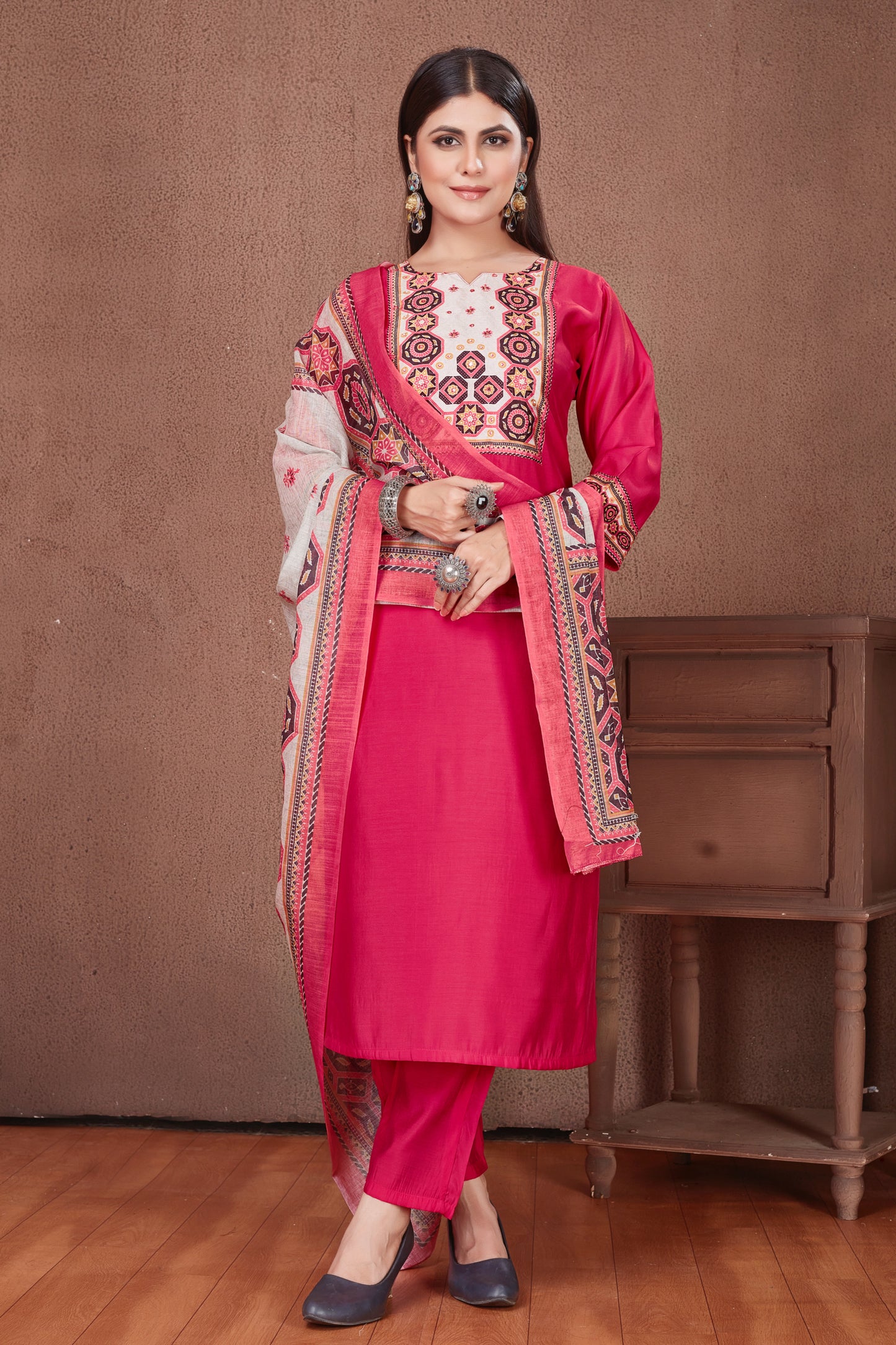 Ajrakh Yoke fusia pink Modal Viscose Kurta Pant & Dupatta Set
