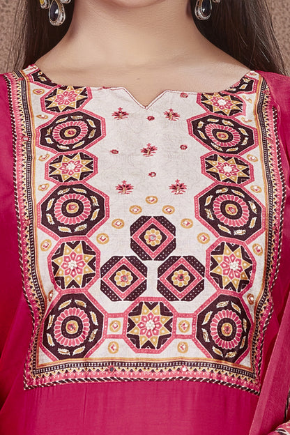 Ajrakh Yoke fusia pink Modal Viscose Kurta Pant & Dupatta Set
