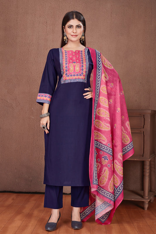 Ajrakh Yoke Blue Modal Viscose Kurta Pant & Dupatta Set
