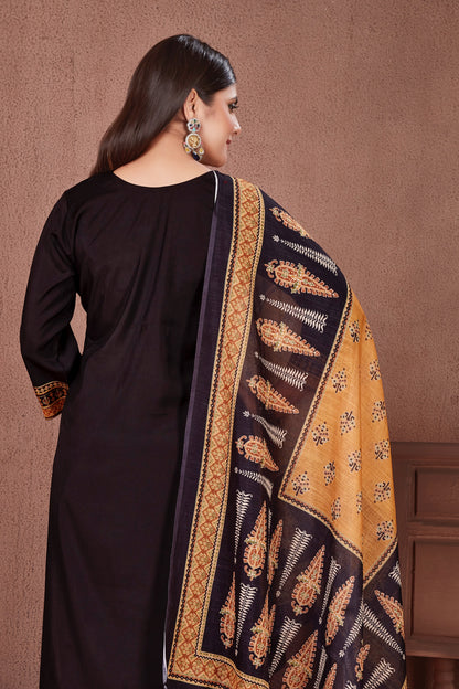 Ajrakh Yoke Black Modal Viscose Kurta Pant & Dupatta Set