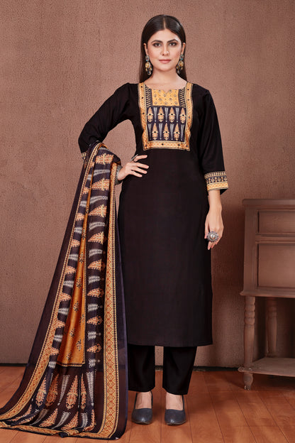 Ajrakh Yoke Black Modal Viscose Kurta Pant & Dupatta Set
