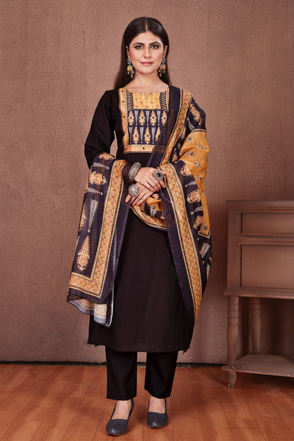 Ajrakh Yoke Black Modal Viscose Kurta Pant & Dupatta Set