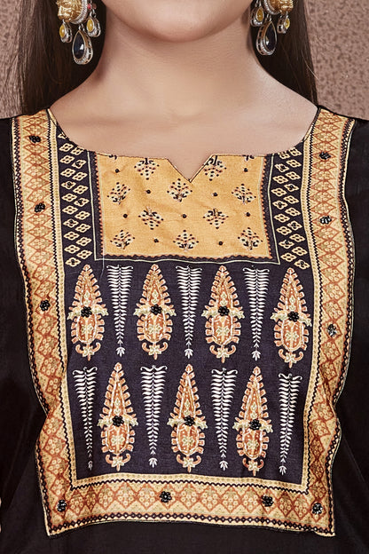 Ajrakh Yoke Black Modal Viscose Kurta Pant & Dupatta Set