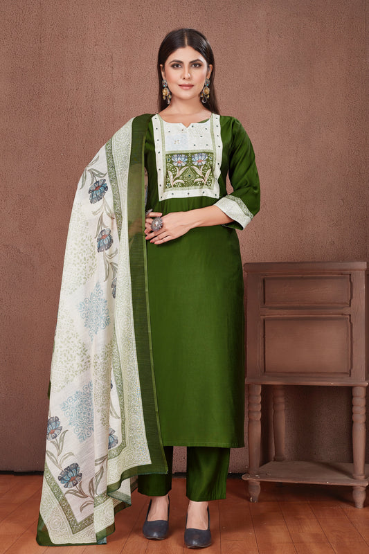 Ajrakh Yoke Green Modal Viscose Kurta Pant & Dupatta Set