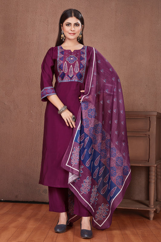 Ajrakh Yoke Wine Modal Viscose Kurta Pant & Dupatta Set