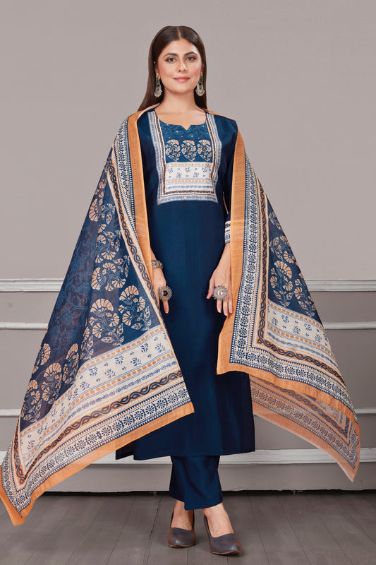 Ajrakh Yoke Indigo Blue Modal Viscose Kurta Pant & Dupatta Set