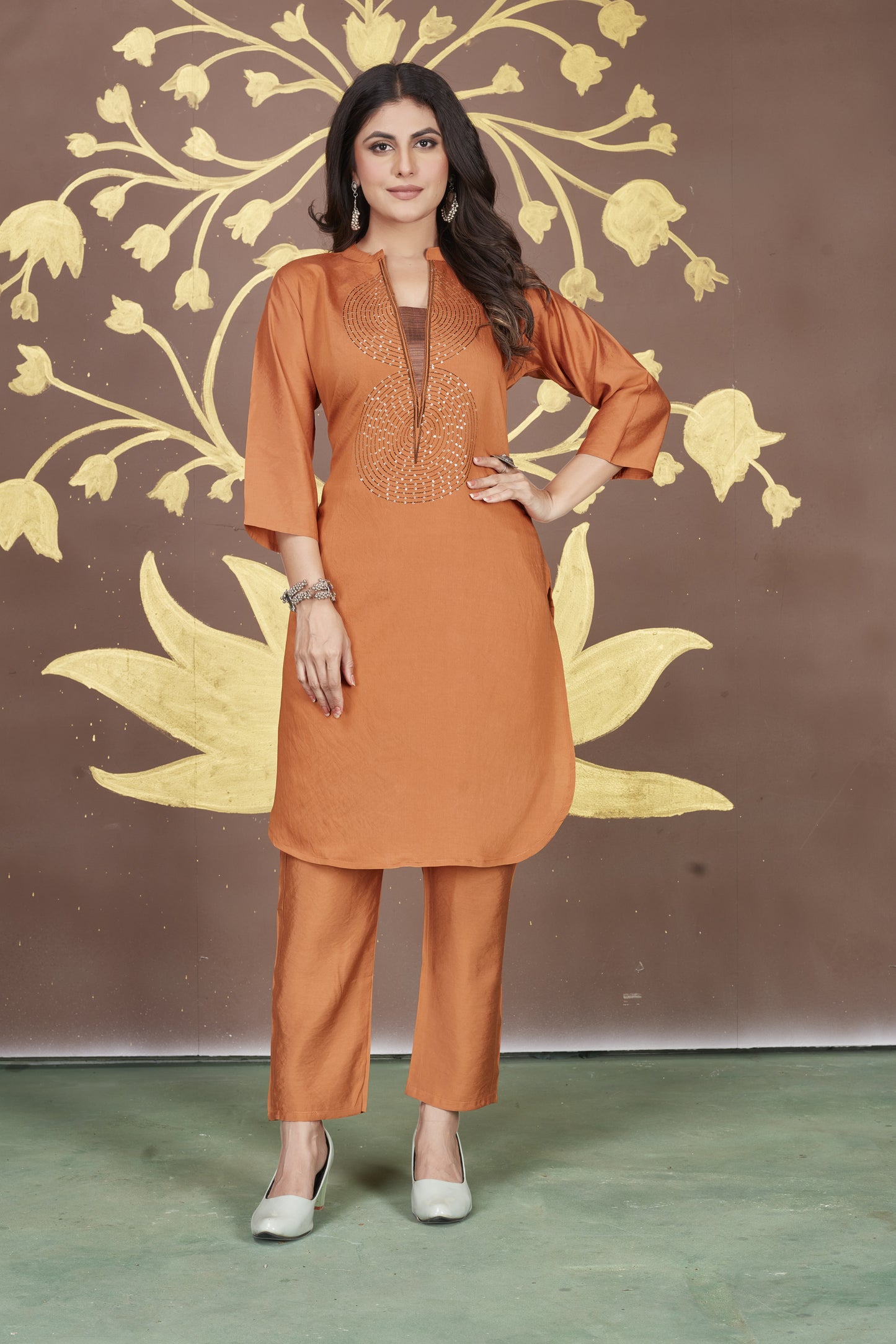 Rust Viscose sequence embroidered co-ord's