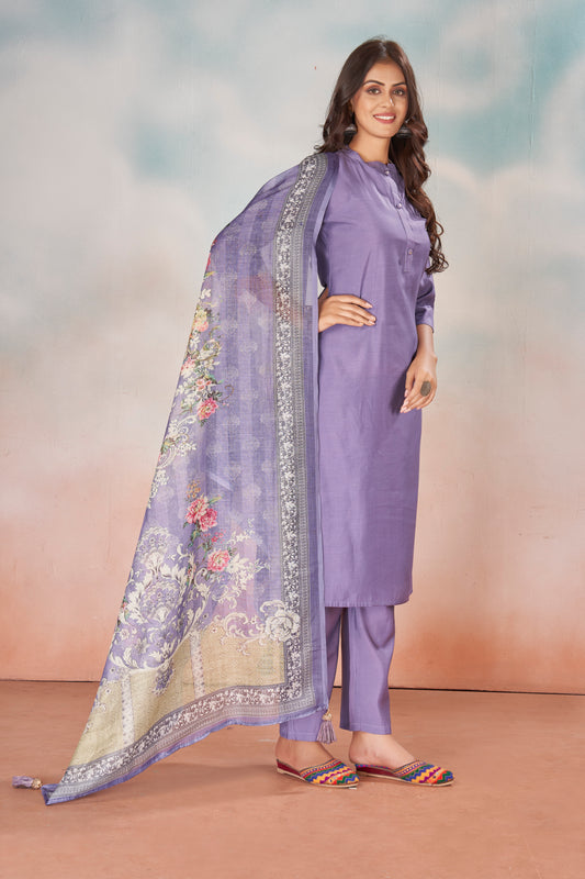 Mandarin Collar Art Silk Straight Kurta with Trousers & Digitally Printed Dupatta