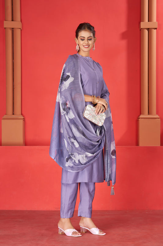 Mandarin Collar Art Silk Straight Kurta with Trousers & Digitally Printed Dupatta