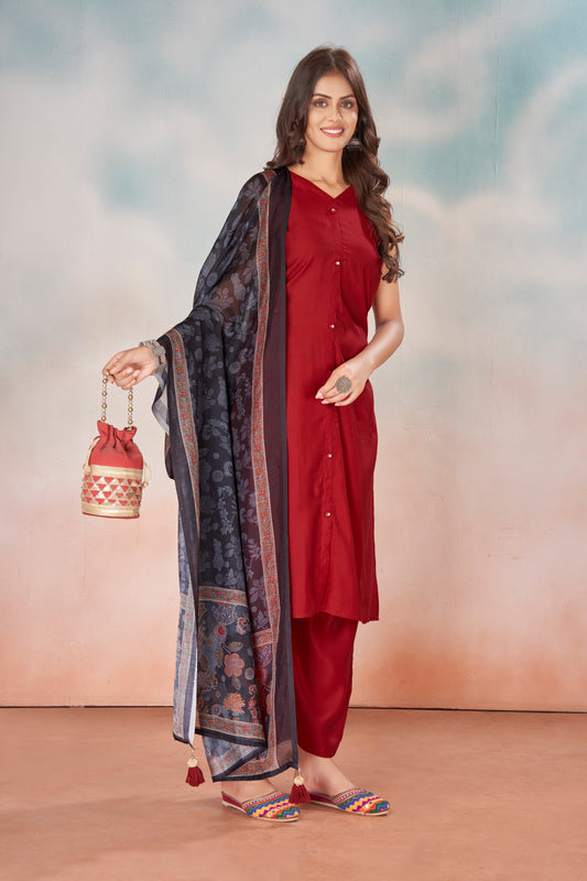 Cherry Red Viscose Kurta Plazzo & Designer Dupatta