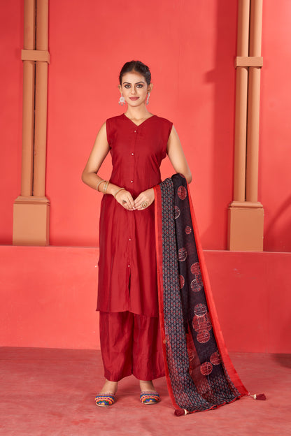 Cherry Red Viscose Kurta Plazzo & Designer Dupatta
