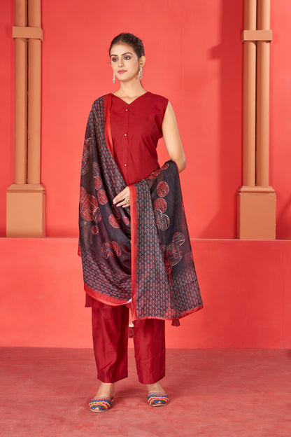 Cherry Red Viscose Kurta Plazzo & Designer Dupatta