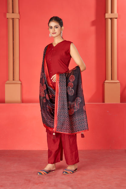 Cherry Red Viscose Kurta Plazzo & Designer Dupatta