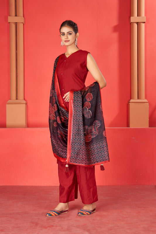 Cherry Red Viscose Kurta Plazzo & Designer Dupatta