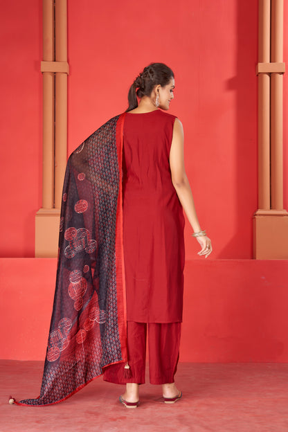 Cherry Red Viscose Kurta Plazzo & Designer Dupatta