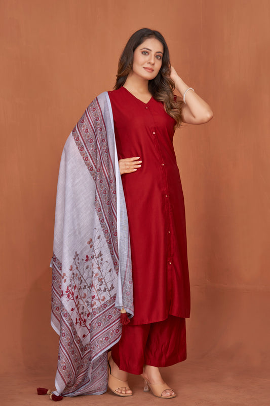 Cherry Red Viscose Kurta Plazzo & Designer Dupatta